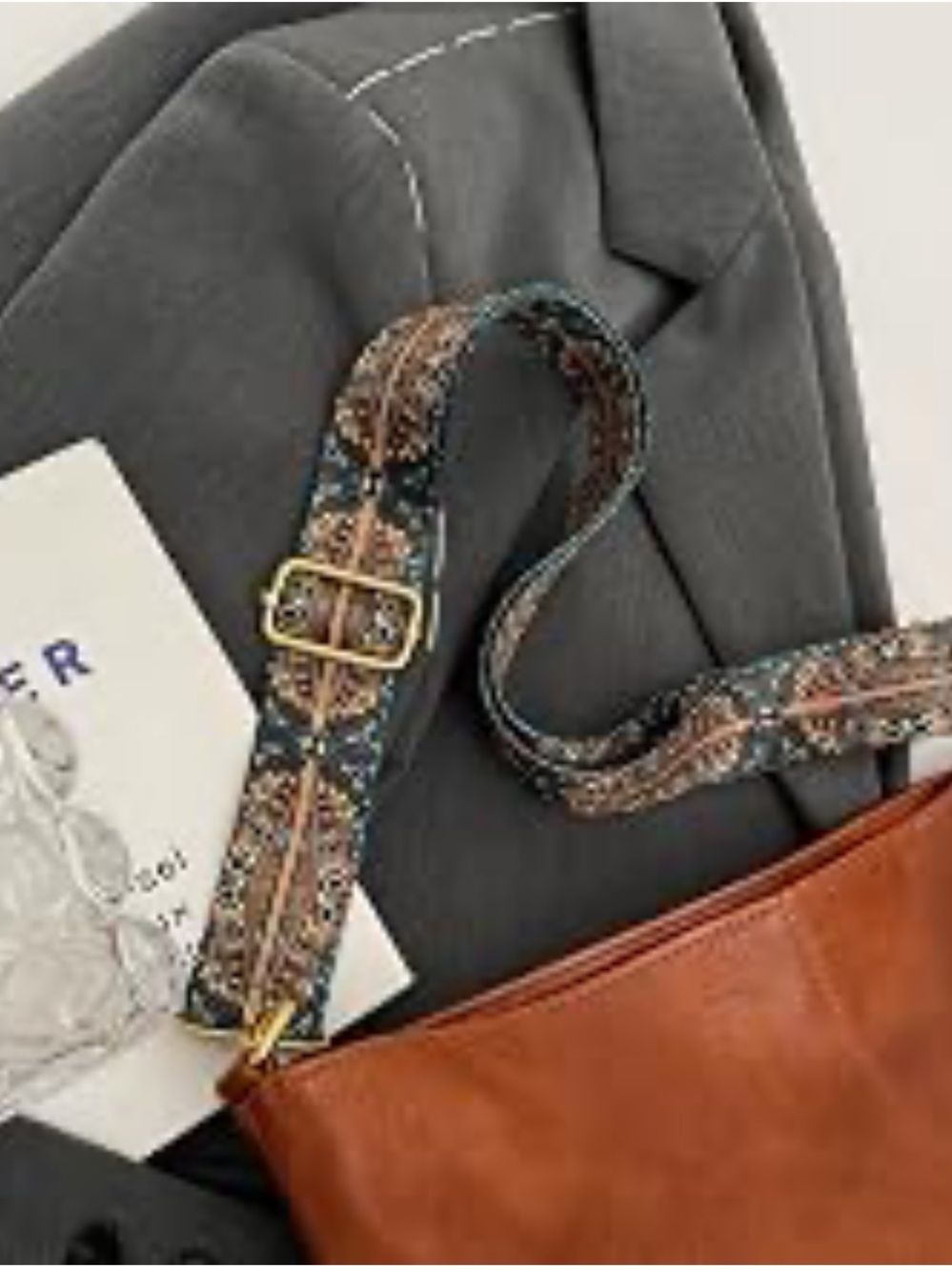 #2816*”9x12”Brown Leather Crossbody Bag with Patterned Adjustable Strap - Picture 6 of 17